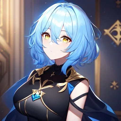 Clear focus, High resolution, short light blue fluffy hair, hair between eyes, yellow eyes, wearing black magma shorts, detailed outfit, blue and black outfit, gold accessory, female