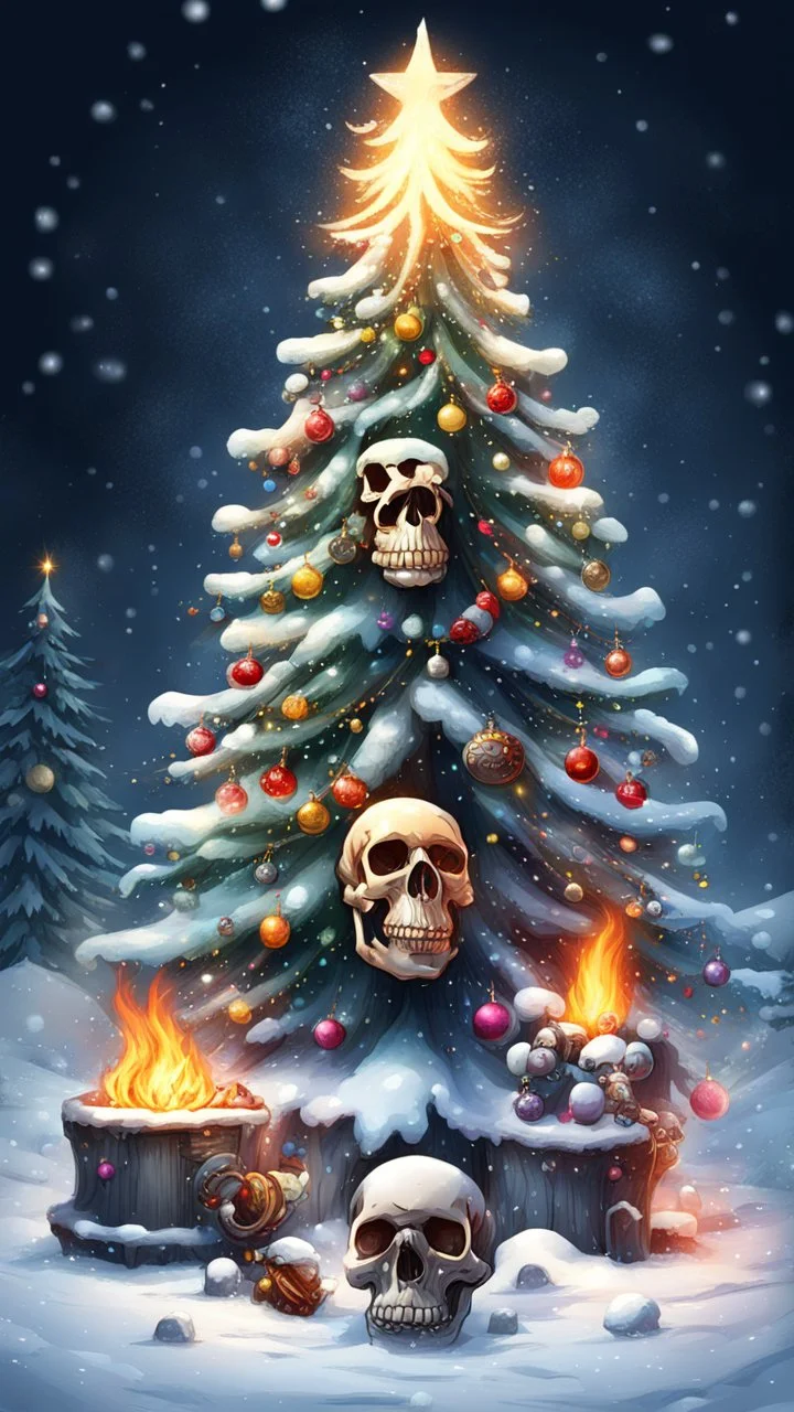 Christmas tree snow , Merry-x-mas decoration, tree, cartoon, Underworld, fire and smog, Skull,universum