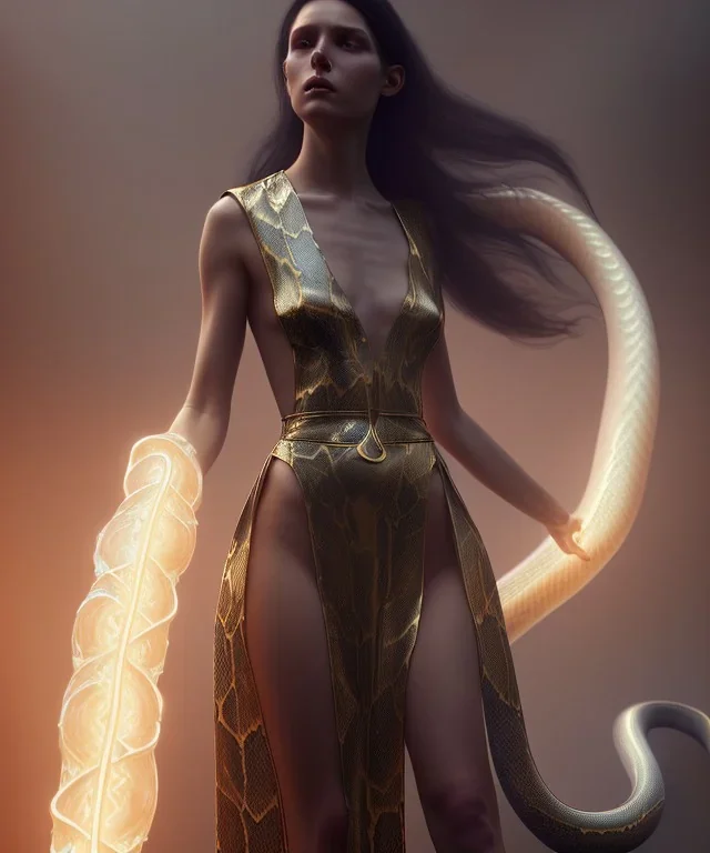 Holy Virgin, celestial light, beautiful, long fabric dress, beautiful long black hair to the waist, big snake around shoulders and neck, grabbing snake, head and shoulders portrait, 8k resolution concept art portrait by Greg Rutkowski, Unreal Engine 5 volumetric lighting