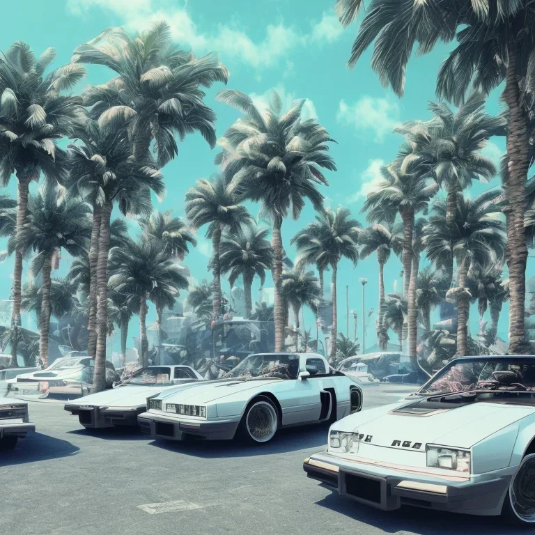 1980's aesthetic vaporwave palm trees and spheres and sports car