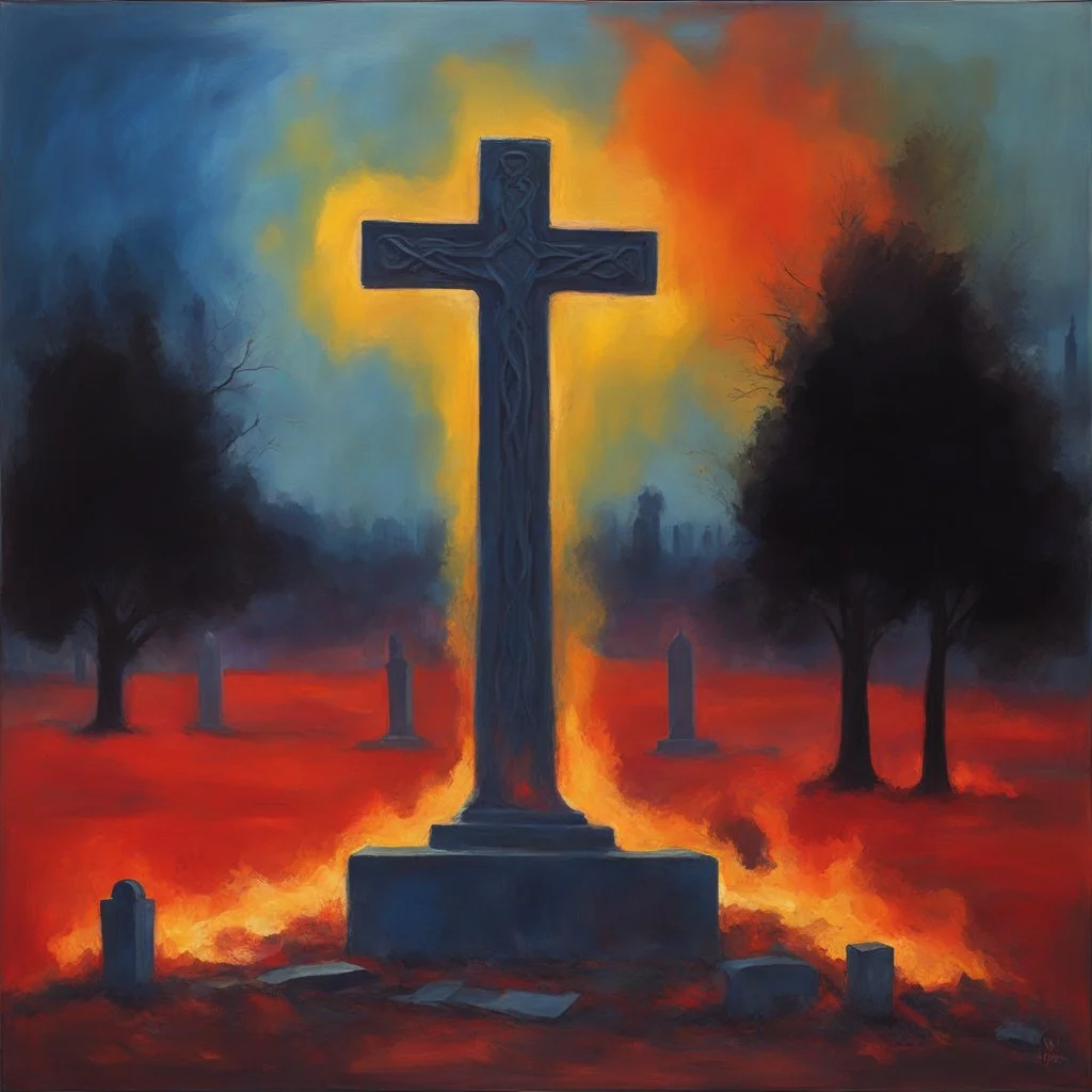 Graveyard on fire, celtic cross gravestones, deconstructed angel of death silhouette: deconstructed color field oil painting in the styles of Mark Rothko, sloppy brushstrokes,