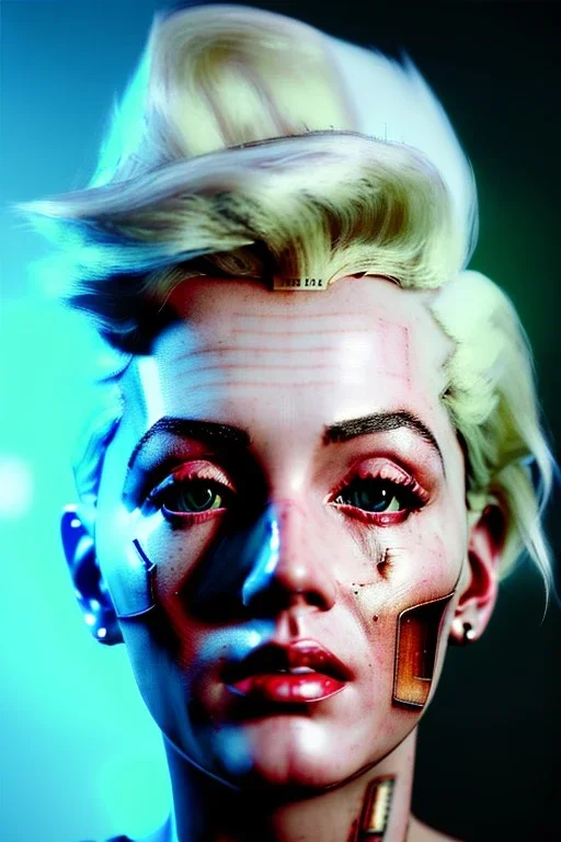 Ultra Realistic image, portrait, blonde woman, sweet Marylin Monroe face, perfect iris, glow eyes, glow makeup. Cyborg, Cyberpunk style, oversized transparent latex coat, yakuza tattoos body. fog, rain, soft color, highly detailed, unreal engine 5, ray tracing, RTX, lumen lighting, ultra detail, volumetric lighting, 3d, finely drawn, high definition, high resolution.