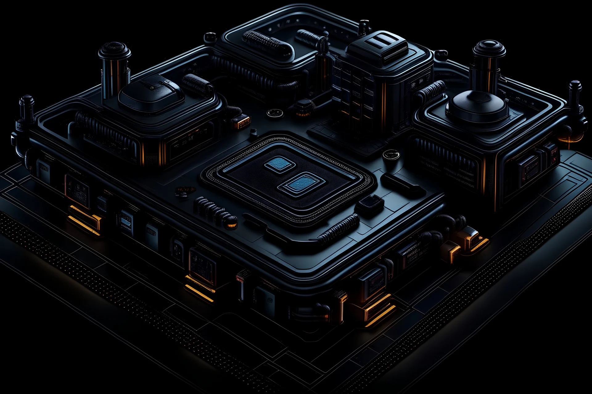 Abstract depiction of a thin futuristic, masculine metallic factory resembling a computer chip. Clean, neat, and awe-inspiring top-down view. Dark metal network with abstract iridescent lines, complex yet simple. Dark-themed with cool colors and a touch of warmth. A labyrinth of technology and complexity, a solid, physical expanse.