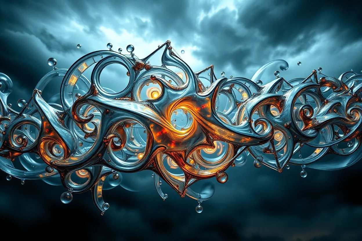 Dynamic complex hypnotic fractal 3D structures horizontal Symmetry twisting and morphing between organic and geometric forms , smooth translucent iridescent glass with inner glow and bubbles, varied transparent materials, stormy skies, intense dramatic