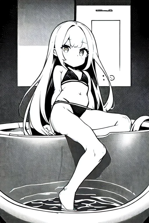 bikini long hair thin girl with leg in abyss pool, greyscale, tiny pose, screen tones