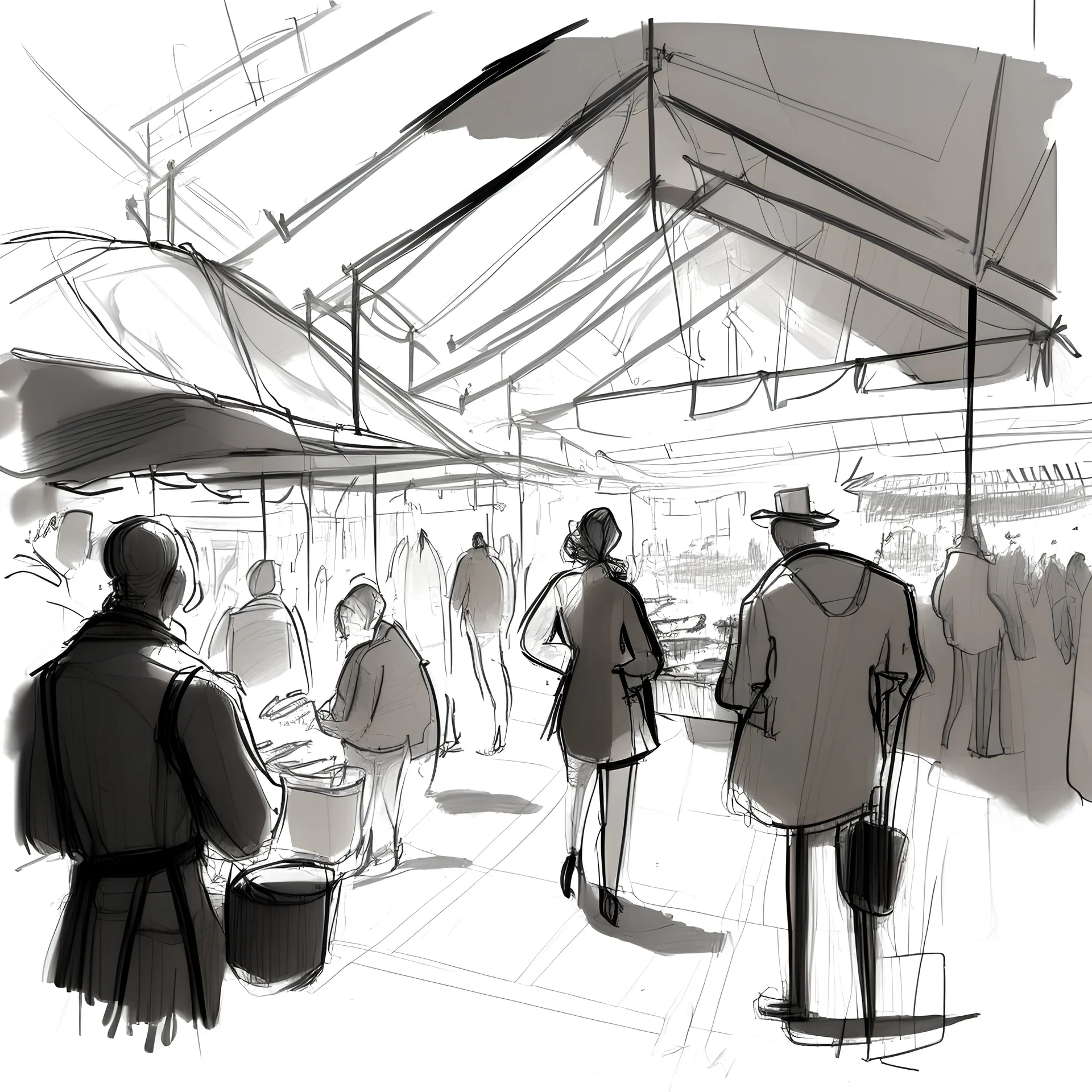 BOCETO A LINEAS DE ZONAS para personajes caracteristicos EN UNA FERIA O ESPACIO PUBLICO DE VENTAS