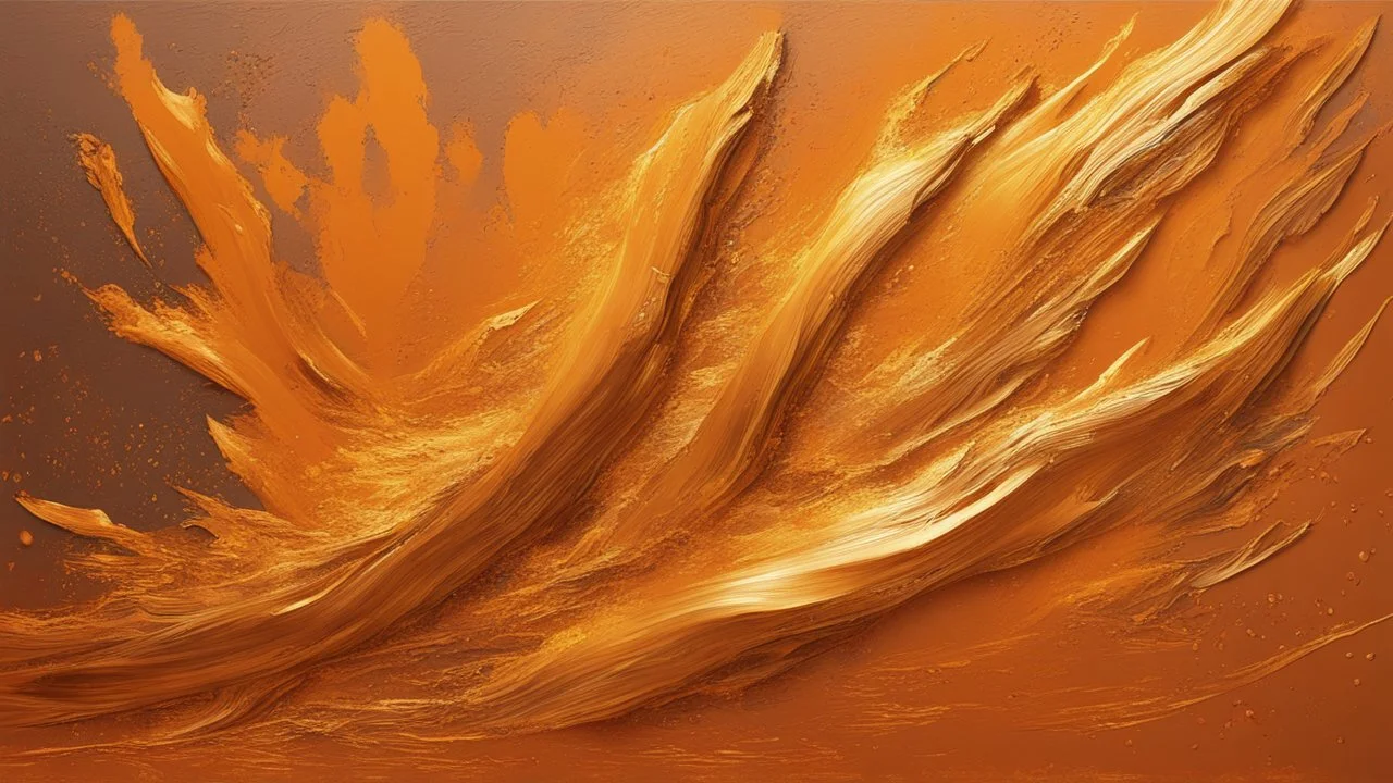 Hyper Realistic Golden-oil-paint-strokes on orange-background with burning-embers on it