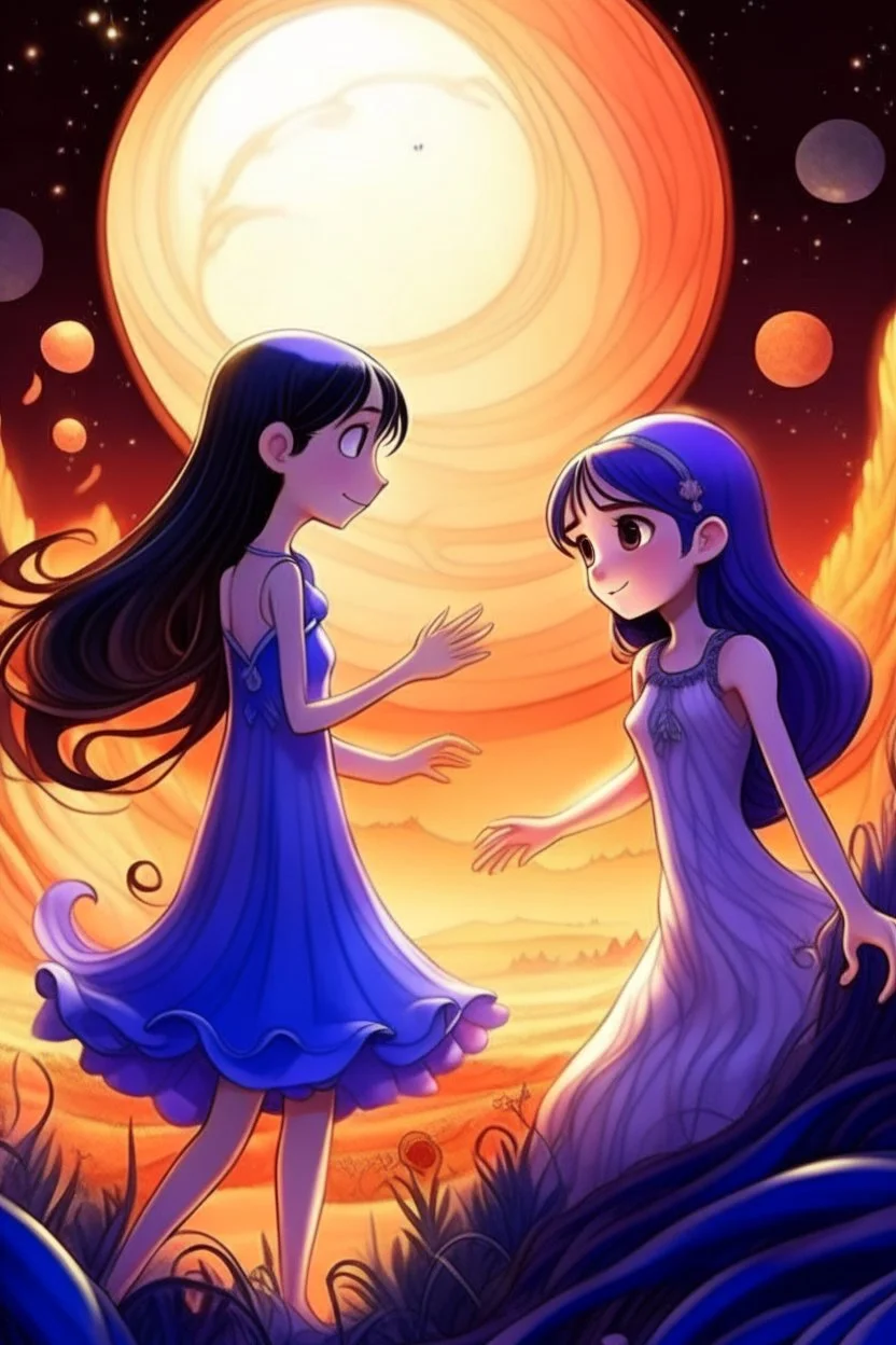 Pixar tarzı İki yakın arkadaş(iki küçük kız) biri pembe ve diğeri mor elbise giyiyor mor elbiseli oturan pembe elbiseli kıza yardım ediyor arkaplan olarak ay ve güneş karışımı bir gezegen
