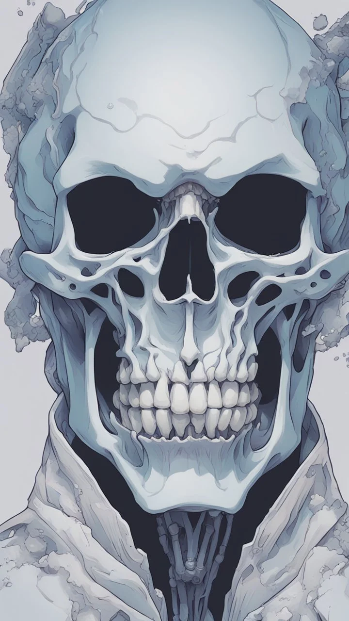 a close up of a person with a skull on their head, blue and black colors, anime skull portrait man, scary detailed art in color, hiroyuki-mitsume takahashi, nychos art aesthetic, half man half skeleton, anime cyberpunk art, colored manga art, rossdraws pastel vibrant, hot colors. insanely detailed, beautiful anime portrait, stunning anime face portrait, scary art in color