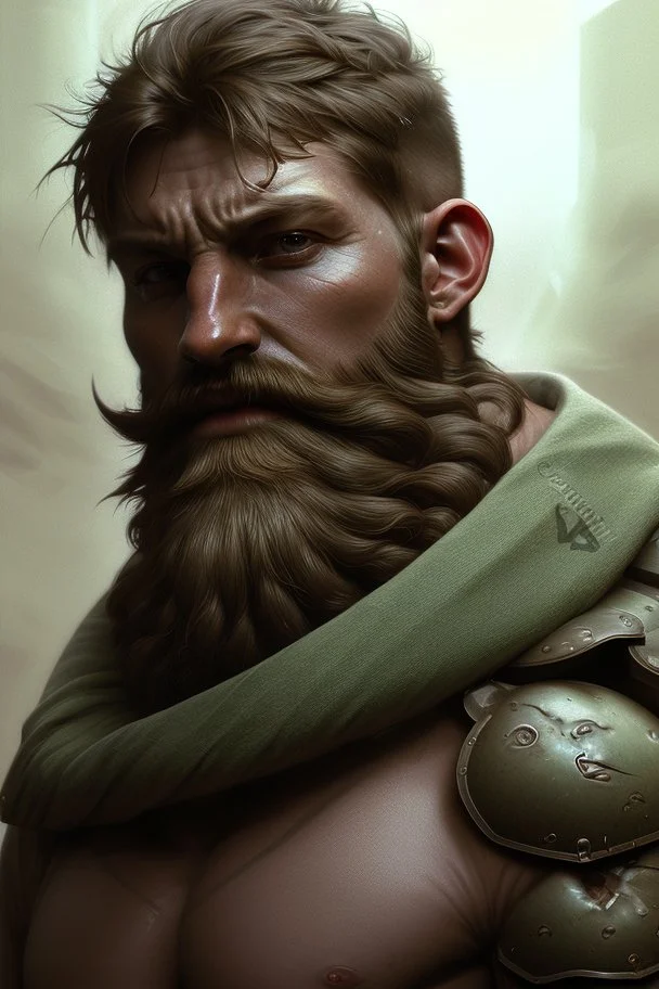 photorealistic male bearded handsome soldier, hyperdetailed painting, luminism, Bar lighting, complex, dark green miltary, 4k resolution concept art, Artgerm, WLOP, Alphonse Mucha, 3d render, octane render, intricately detailed, cinematic, awesome full color, hand drawn, dark, gritty, cinematic, buckeye burl