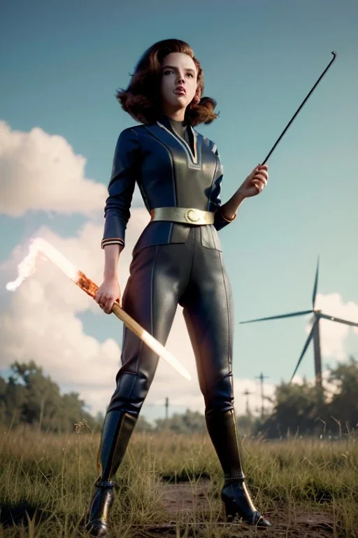 retro portrait image from 1960, explosion background, wind, long hair, young Scarlett Johansson, classic black tight lycra suit, metal stick weapon, gold bracelet and belt, high heel boots, soft color, highly detailed, unreal engine 5, ray tracing, RTX, lumen lighting, ultra detail, volumetric lighting, 3d, finely drawn, high definition, high resolution.