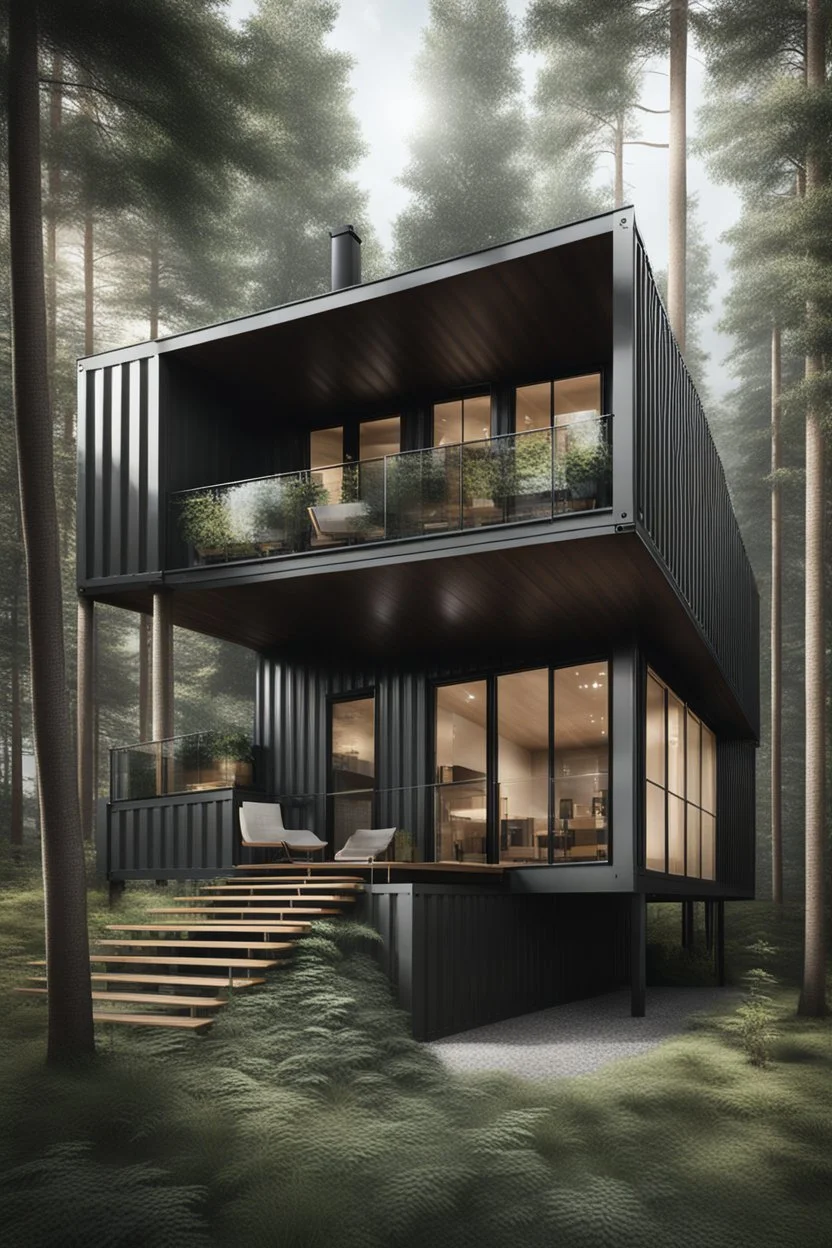 large house in the woods made from shipping containers, photorealistic