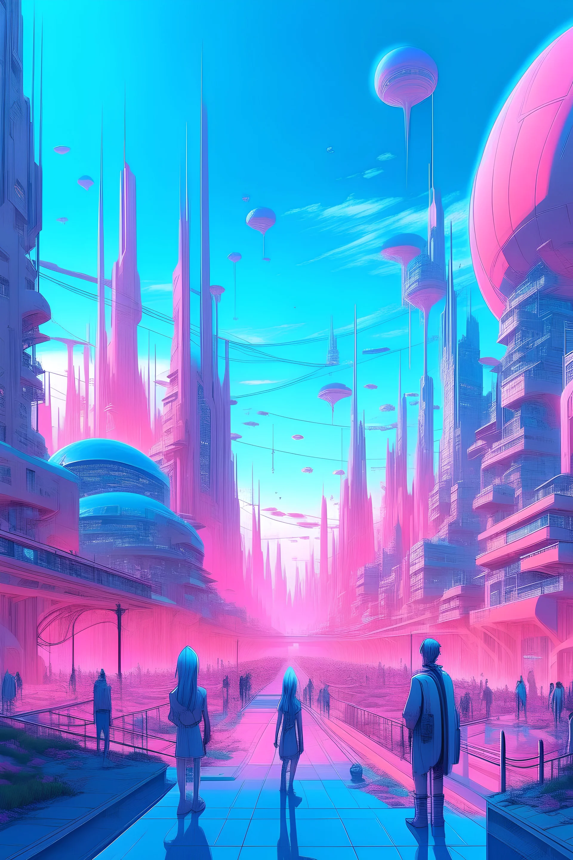 Dystopian world, without nature, moderne future city, light colors, pink, blue, beauty is important, with a lot of people in the background