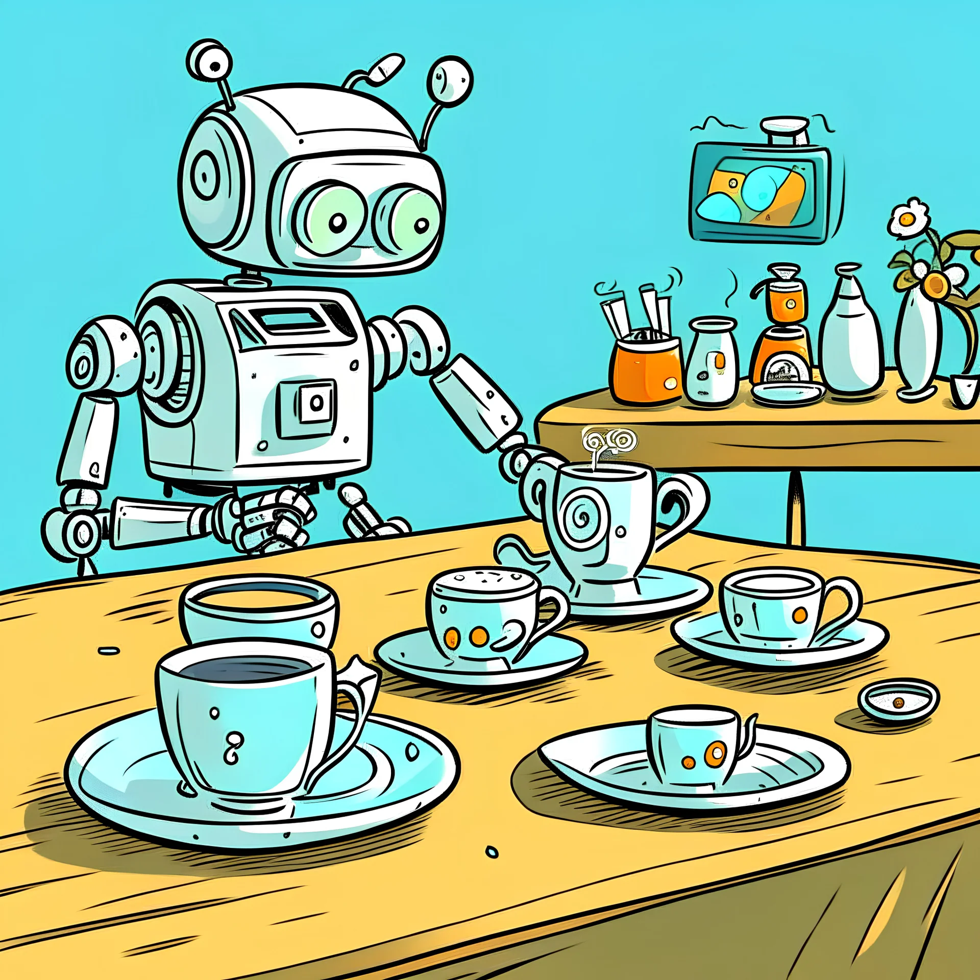 Very funny cartoon of a robot looking at a table filled with cups of tea