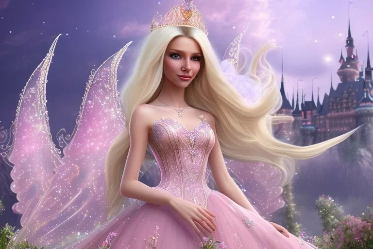 castle in background, beautiful, soft, big smiling, straight and long blonde hair, dewy and shiny atmosphere, diamond crown, long fairy wings in the back, full head, pink veil clothes