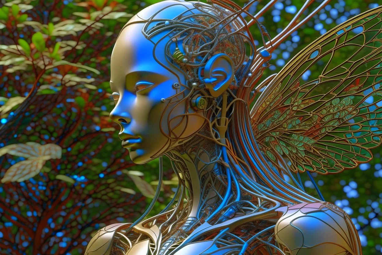 3D render ultra detailed of a beautiful angel, from knee to head, biomechanical cyborg, analog, 35 mm lens, beautiful natural soft rim light, big leaves and stems, roots, fine foliage lace, colorful details, samourai, pearl earring, heavely tattoed, intricate details, mesh wire, mandelbrot fractal, facial muscles, cable wires, microchip, badass, hyper realistic, ultra detailed, octane render, volumetric lighting, 8k post-production, red and white, detailled metalic bones, semi human, by Glenn Br