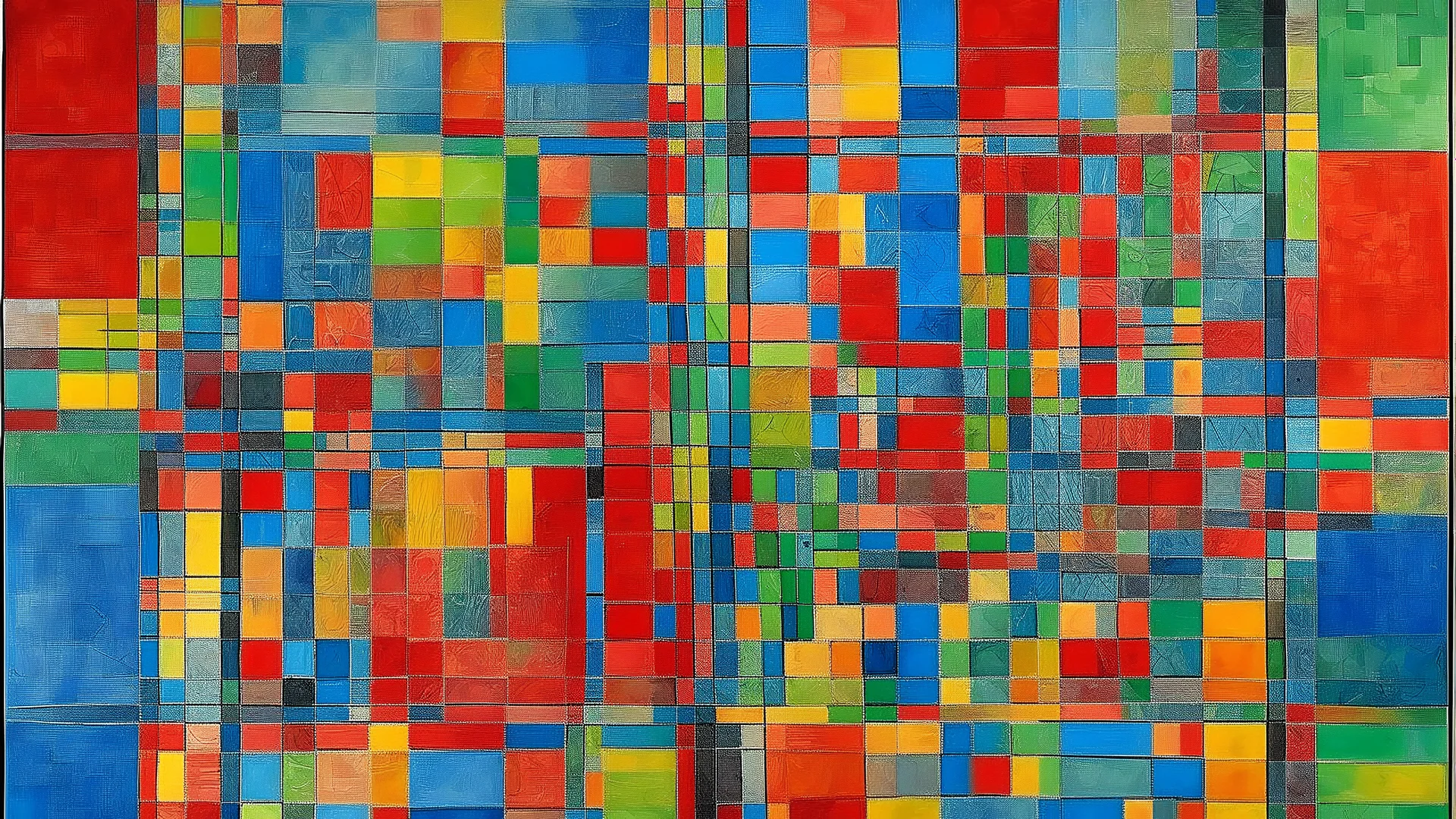 Abstract geometric painting with a grid-like structure, featuring a dominant red square at the center, surrounded by various colored rectangles and squares in shades of blue, yellow, green, and gray, the composition employs a muted color palette with a rough, textured finish, reminiscent of oil pastels or chalk on paper, the lighting is soft and diffused, enhancing the textural qualities of the artwork, the style is reminiscent of early 20th-century abstract art movements, with a focus on geomet