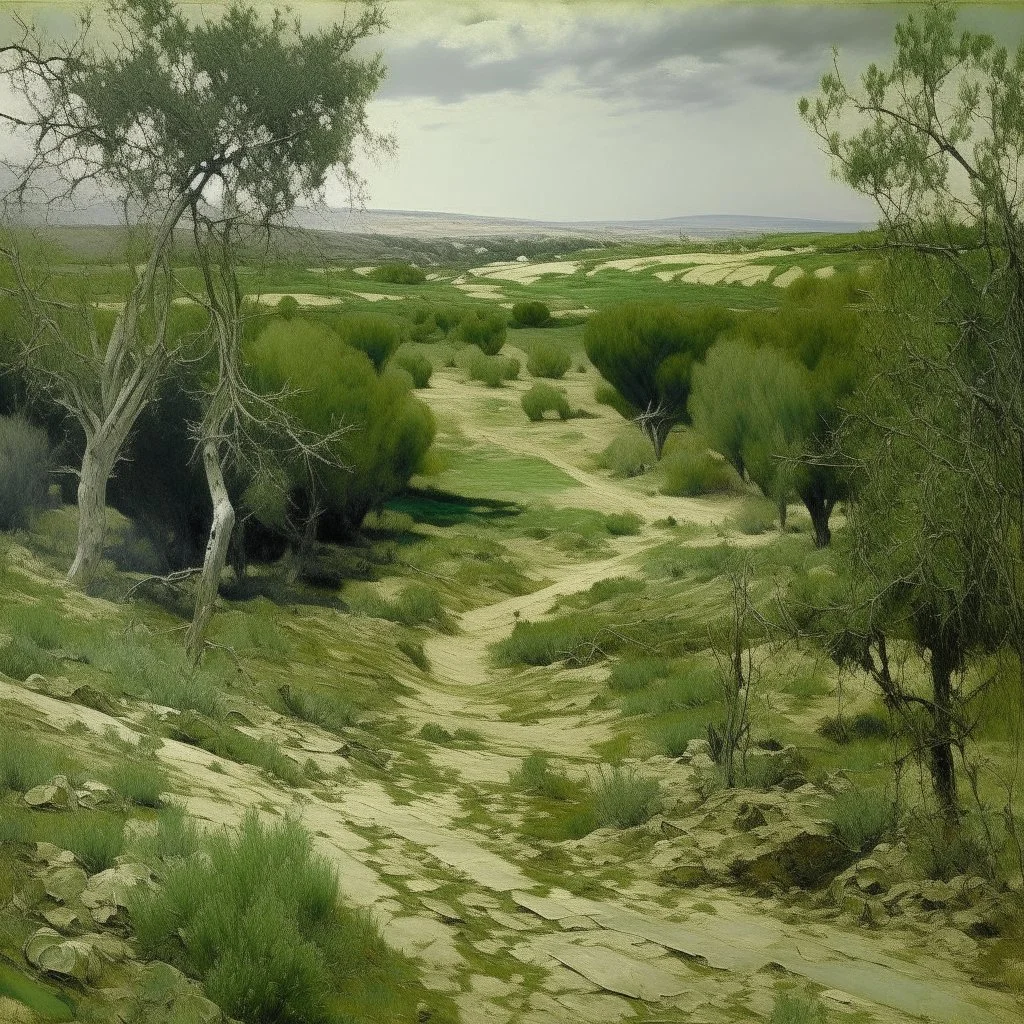 An olive green wasteland near an abandoned plague town painted by Claude Monet