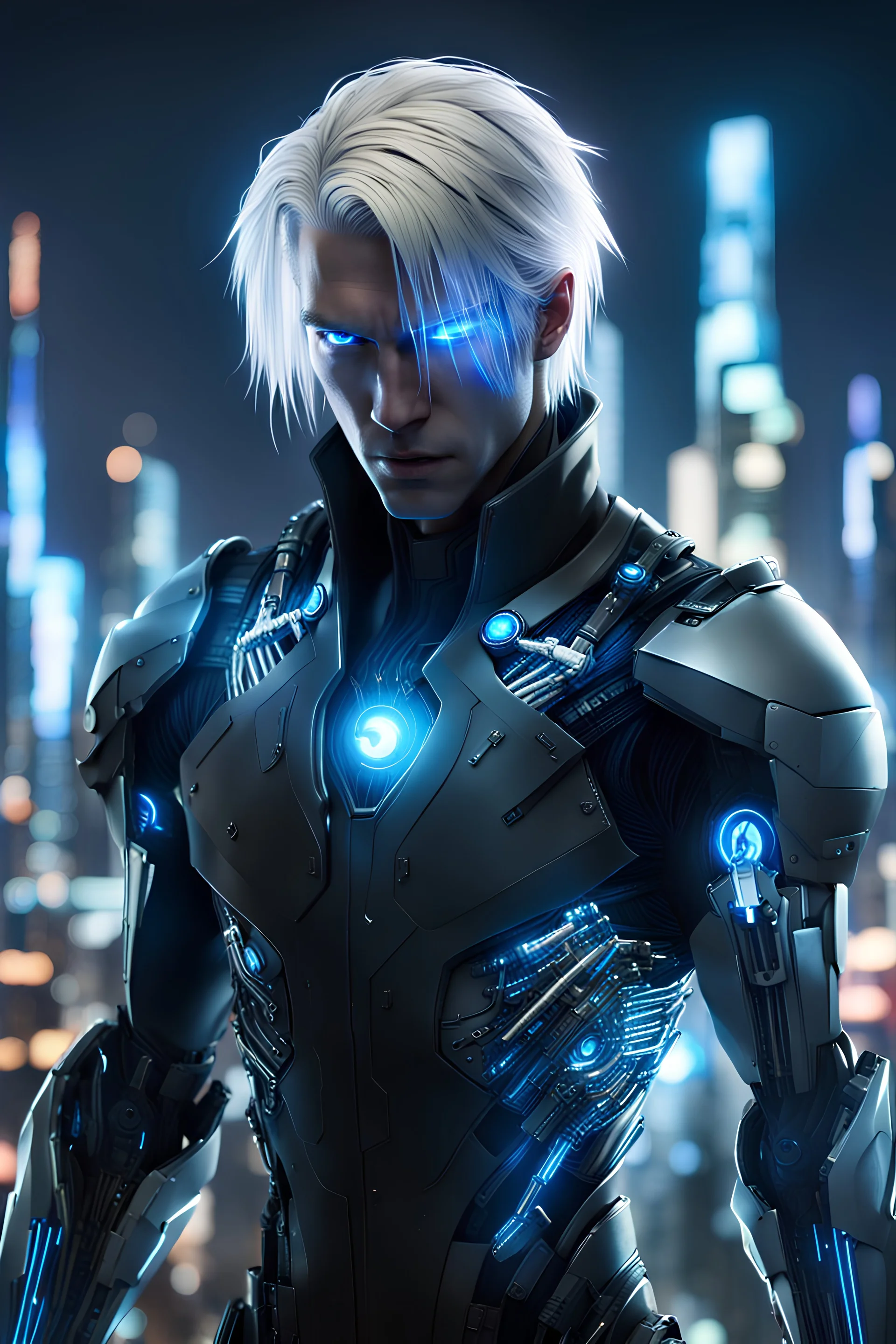 Man with Blonde & White Hair, glowing blue cybernetic eye, right black cybernetic arm, black open coat, thin silver armor underneath night, city background, high detail, 4k, small cables protruding from the back