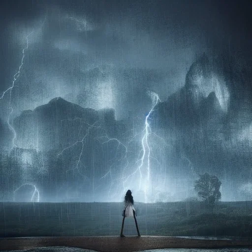 A princess standing. Epic scale. Heavy cold rain. Thunderstorm. Futuristic scenary. Gray mist.