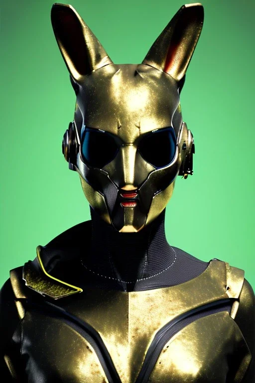 Medium Close Up Portrait, Front image. cyberpunk, rabbit mask, british woman, titanium hair. Latex suit army. Yellow, red, color. Rocketer style. Color background, photo studio. Avatar image, highly detailed, concept art, smooth, unreal engine 5, ray tracing, RTX, lumen lighting, ultra detail, volumetric lighting, 3d, finely drawn, high definition, high resolution.