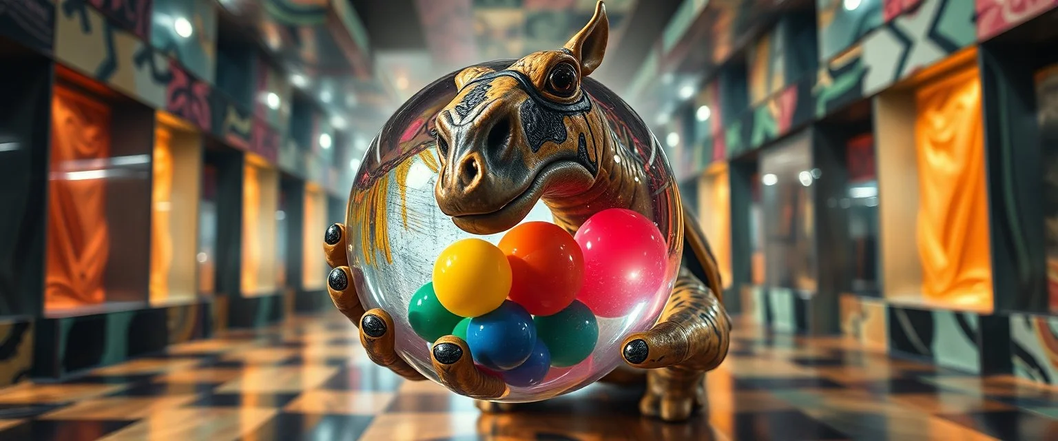 pin hole cam , master oil painting by Rembrandt, volume fog lights in reflective marble madness opera close up on turtle horse character portrait, holding big colorful transparent marble ball, a living bowling marble halls with slightly tilted floor in a twisted block maze, scenery from the game "marble madness", crystal birds, the floor betrays, the walls collide,