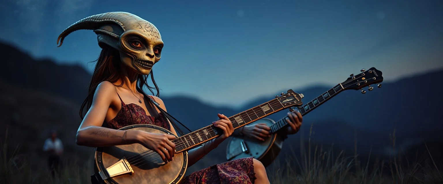 good night alien hill billy boss woman with a banjo In the style of Rembrandt,Background blur. Movie poster. Wild look. seen from the ground