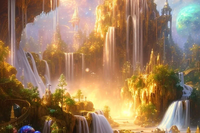  white and gold crystal cosmic ambiance，waterfall, full of details, smooth, bright sunshine，soft light atmosphere, light effect，vaporwave colorful, concept art, smooth, extremely sharp detail, finely tuned detail, ultra high definition, 8 k, unreal engine 5, ultra sharp focus