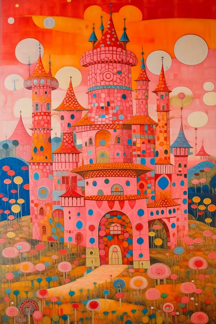 A pink castle with mushrooms designed in Navajo baskets painted by Wassily Kandinsky