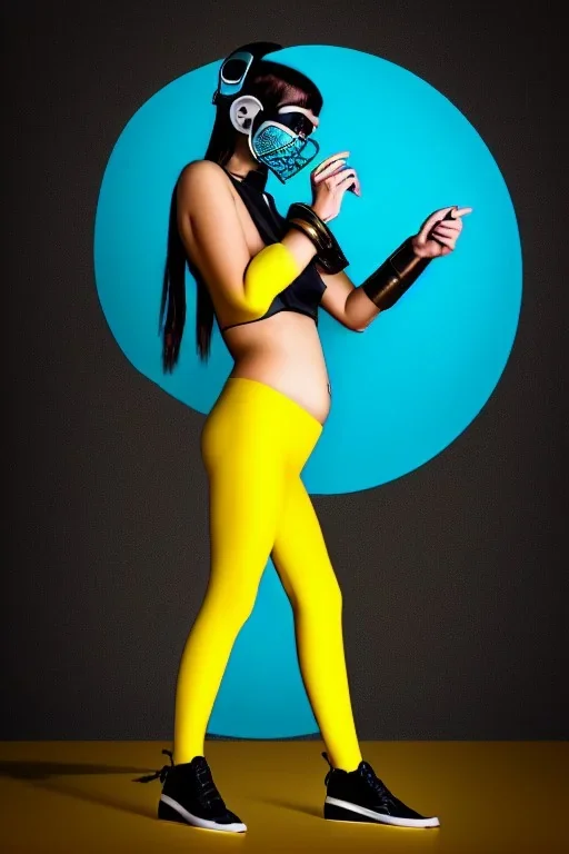 Realistic photograph. Geometric 3D tiling on the background, woman, Whip. Bronze color, Yellow, Black Cyan. Cyber-punk full-mask. Big old AKG headphones, golden rings & disc. Selfie both hands. Lightly armored, electronic circuit. Thick tights, thick calves, bend fell, wide hip, flat belly. Ancient artifact cables between. Perfect body. Matrix movie clothes, Silver leather area, tippet, latex. Wicked sneakers. Daft Punk helmet, Tron Movie. Egyptian Haute Couture. 1990's. Light comes from right