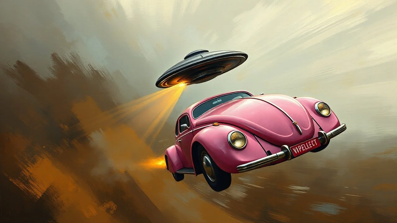 a high definition screen shot of a jet-fighter vw-beetle, retrofuturistic, phototrealism, in flight, one subject, thunderstormncc 1701 enterprise Macabre Rapture End of days Revelation scene, loose brush stroke matte oil painting, sinner apotheosis,diagonal composition, unbalanced, abstract surreal horror, eerie, scary warm colors, Eldritch, by Colin McCahon Upscale @JonKnockTurnal A photorealistic futuristic pink cadillac 2999 ufo, bilaterally