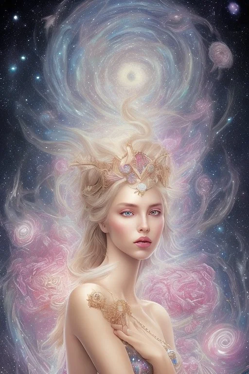 Create an image of a full body cosmic Goddess. The goddess should be depicted as a beautiful and powerful figure, surrounded by cosmic stars. Her hair should be long, blond and flowing, and she should be dressed in a flowing gown blue celestial robe. In the background, include imagery of pink flowers, blue sky,trees. The image should evoke a sense of joy, celebration, and spiritual connection to nature.