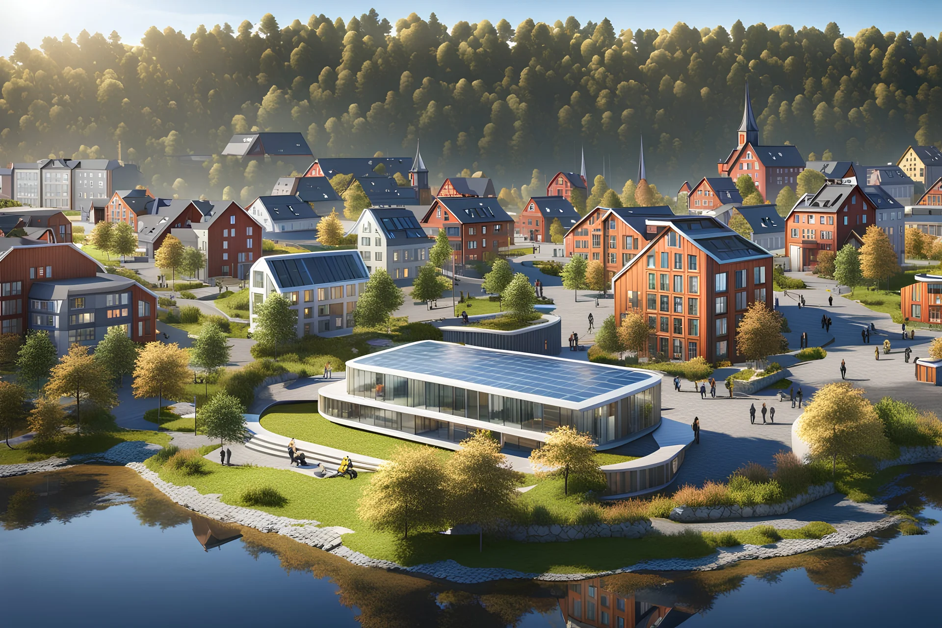 Sarpsborg town in Norway in year 2100 :: 8K, 3D, Octane Render, VRay, Unreal Engine 5, Hyperdetailed, intricate, HDR, extremely realistic evolution of future architecture, photorealism, colourful, blue sky over a clean environment, award winning, crisp quality, masterpiece, fantastic view, digital art, airbrush art, ink drawing, sharp focus, high contrast, depth of field