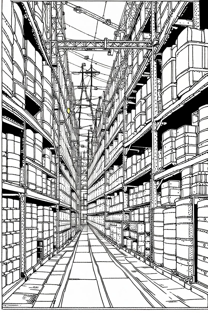 Tokyo, industrial warehouses, line arts, manga style