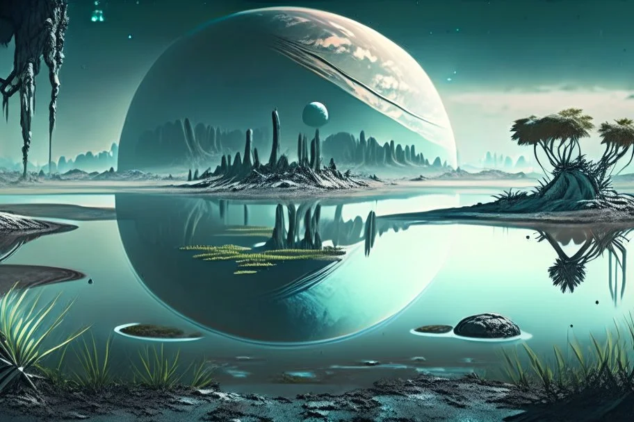 Alien landscape with grey exoplanet in the sky, Lagoon reflection, vegetation, sci-fi, concept art, movie poster, cinematic