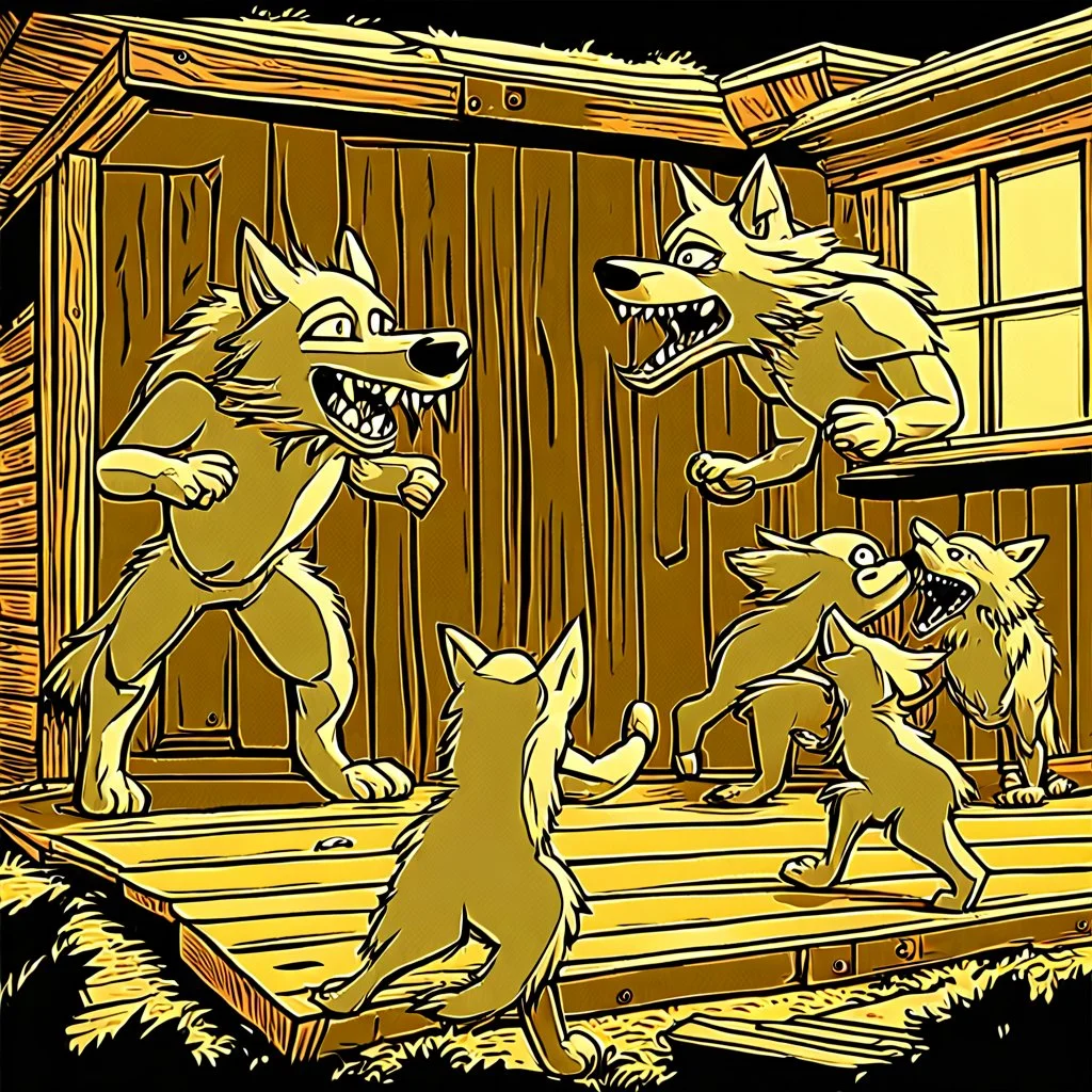 A group of anthropomorphic wolves react in surprise as a large hammer slams into an wooden house wall. one young anthropomorphic wolf's figure in bodyhair positioned in the foreground with empty paws, in the background, other anthropomorphic wolves watch the scene unfold with expressions of shock and with surprise faces. high realistic, detailed, sci-fi, digital art, dark fantasy mood, rain, deep colors, sharp lines, cinematic