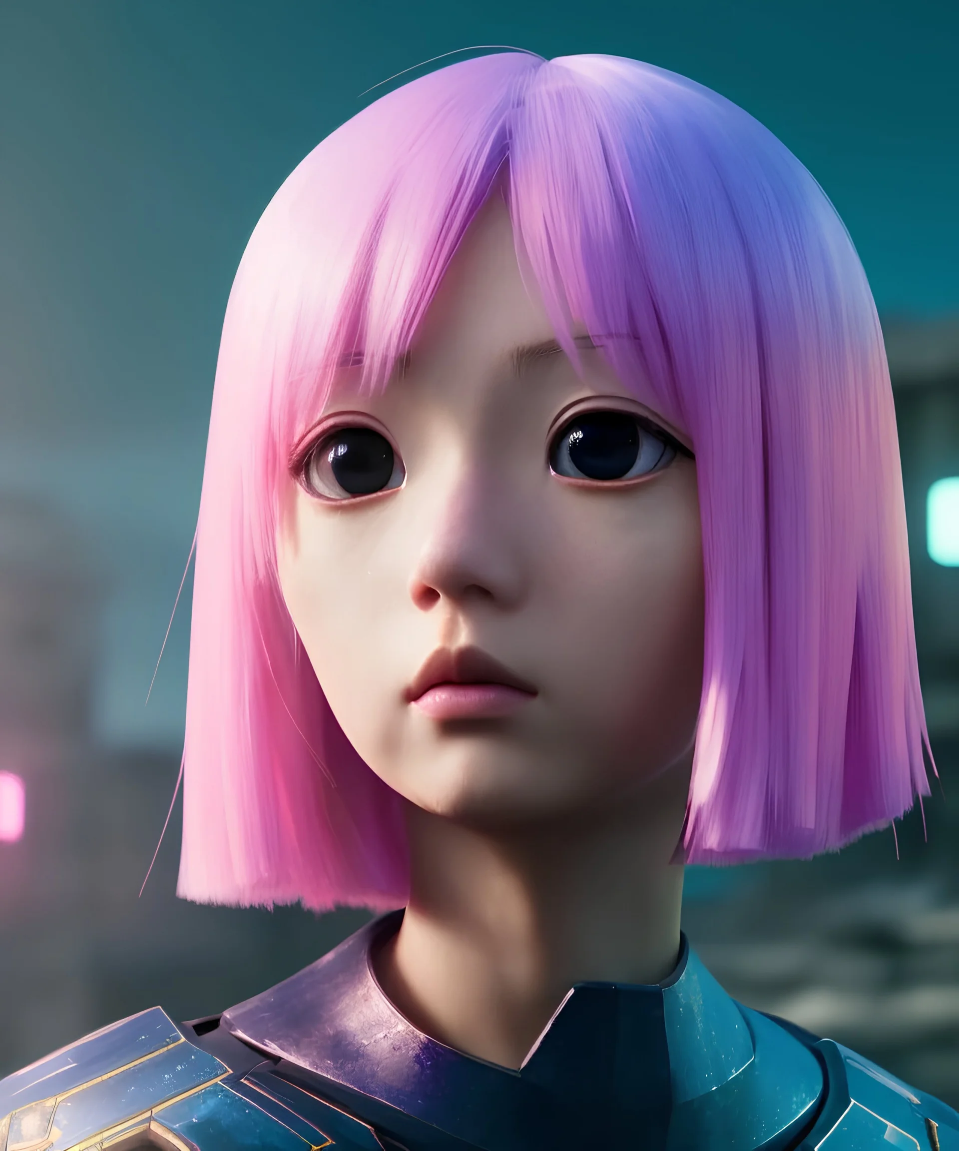 Anime girl cute neck head portrait, warrior costume, village, meditation, cyberpunk, 8k quality
