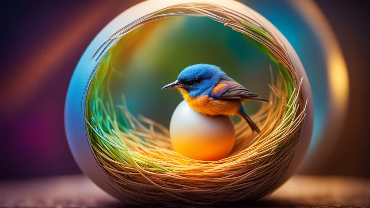 Strange colorful little bird inside an egg, in a nest, fantasy, futuristic, exquisite body, striking little head, happy, intelligent, calm, thoughtful, friendly, attractive, beautiful volumetric lighting, attractive composition, photorealistic, bokeh blur, extremely detailed, chiaroscuro