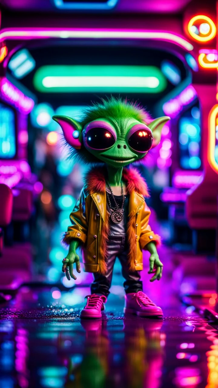 sexy stunt furry hairy alien pimp rocker gremlin in telephone both parked in dark neon lit reflective wet arcade hall tunnel,bokeh like f/0.8, tilt-shift lens 8k, high detail, smooth render, down-light, unreal engine, prize winning