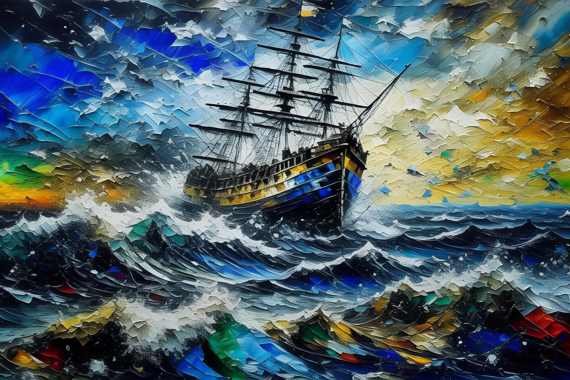 Seascape, ship on the high seas, storm, high waves, colored ink mikhail garmash, louis jover, victor cheleg, damien hirst, ivan aizovsky, claude joseph vernet, broken glass effect, no background, amazing, something that doesn’t even exist, mythical creature, energy, molecular, textures, shimmering and luminescent colors, breathtaking beauty, pure perfection, divine presence, unforgettable, impressive, three-dimensional light, auras, rays, vibrant colors, broken glass effect, no background, stunn