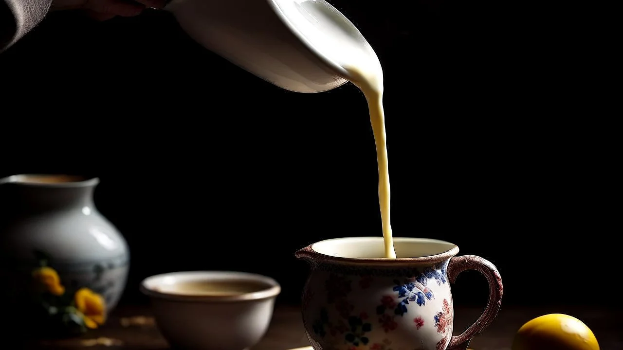 A cozy scene of a teapot pouring a stream of milk into a cup of tea, creating a beautiful contrast of colors.