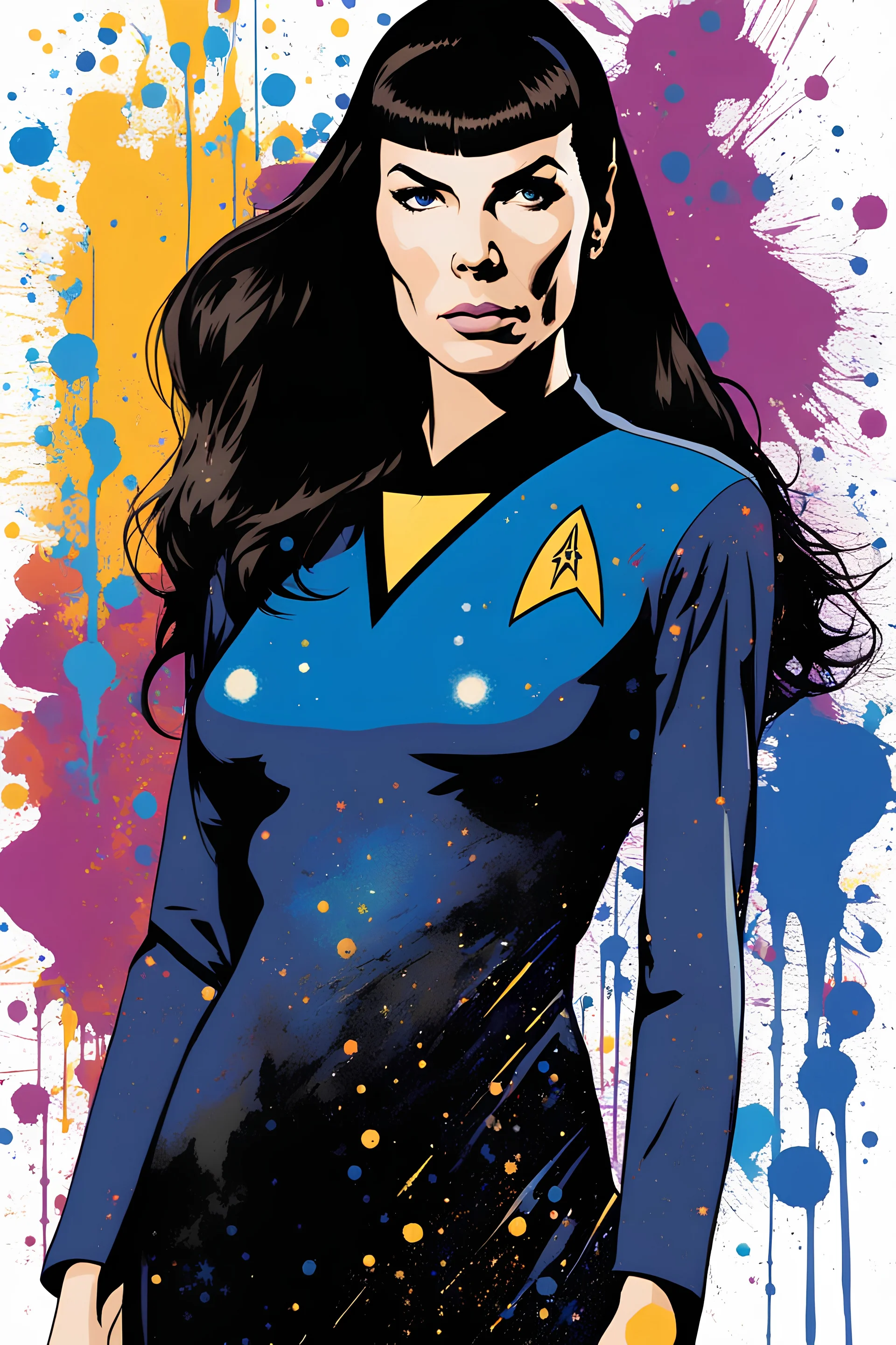 Pitch black background - multicolor splatter painting - 30-year-old Wendy Wendison, who resembles Spock, with long, straight black hair, deep cobalt blue eyes, wearing a long-sleeved, blue, slit, mini dress with a plunging neckline and a star trek upside down V-shaped communicator badge on the left side of the chest - Oil Paint on Canvas, in the art style of Boris Vallejo, Frank Frazetta, Julie bell, Caravaggio, Rembrandt, Michelangelo, Picasso, Gilbert Stuart, Gerald Brom,