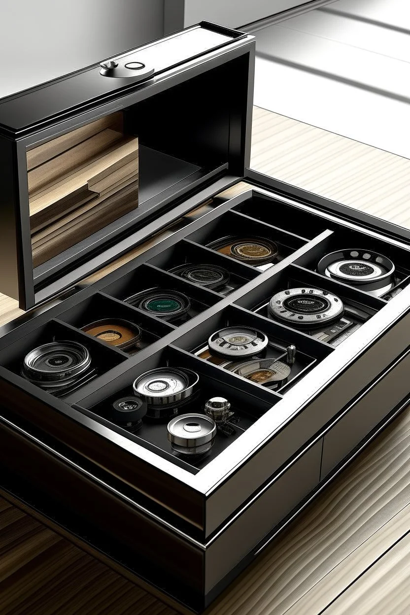 Generate a visually striking representation of the Rapport Evolution Modular Watch Box in a contemporary interior, emphasizing its adaptability with customizable compartments for watches of various styles."