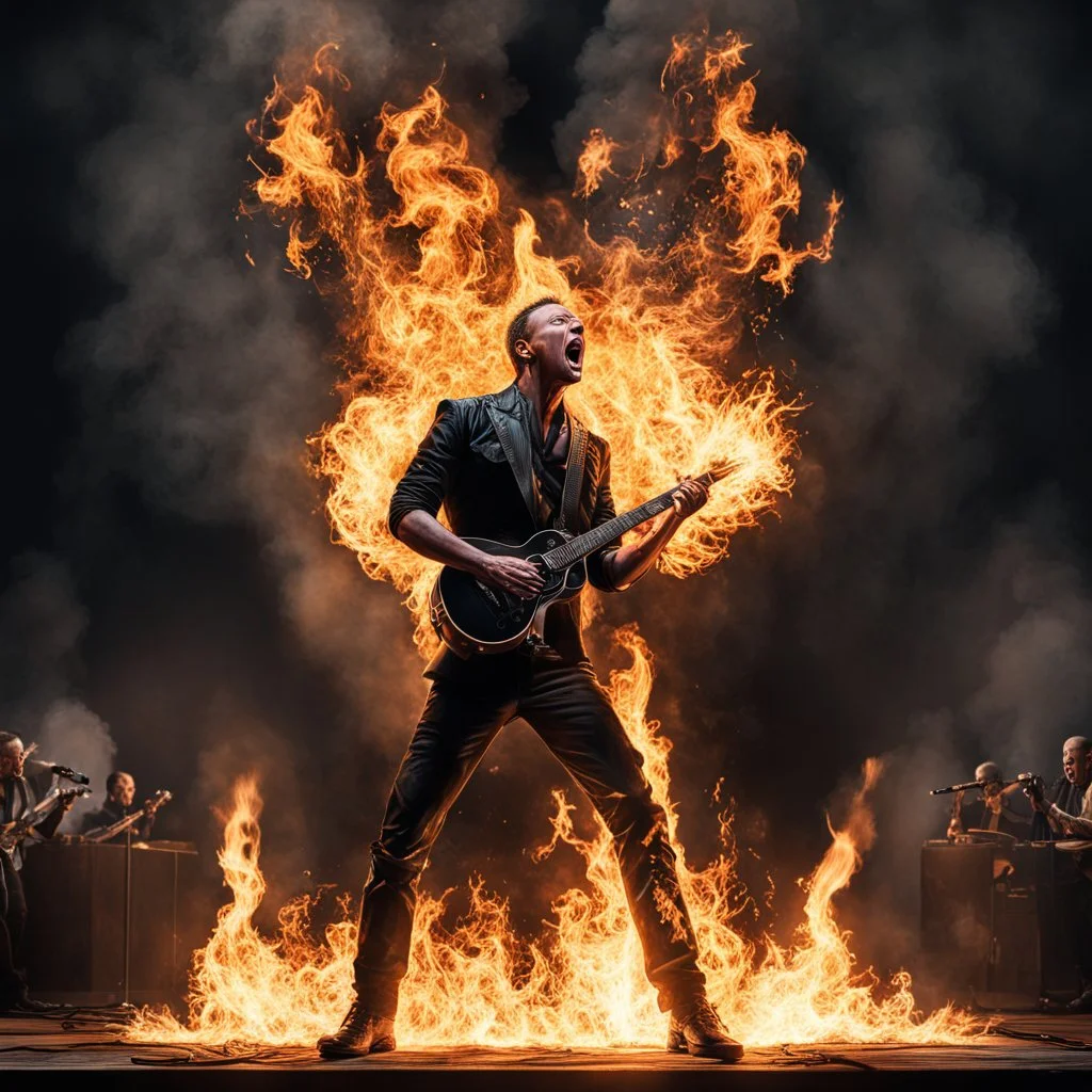 photoreal 2/3 portrait of till Lindeman singing in Rammstein Concert performing Feuer Frei, flamethrowers, microphone stand on fire, elaborate fire pyrotechnics, photorealistic, dramatic, cinematic, kinetic, concept art photorealism, fire effects, columns of flame, bursting fire