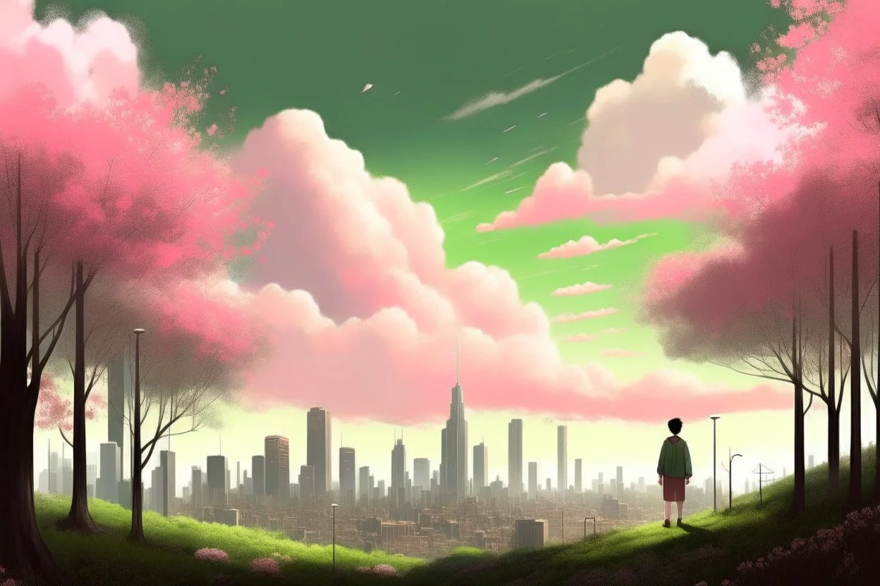 city, sci-fi, clouds, spring trees, people, gary numan influence