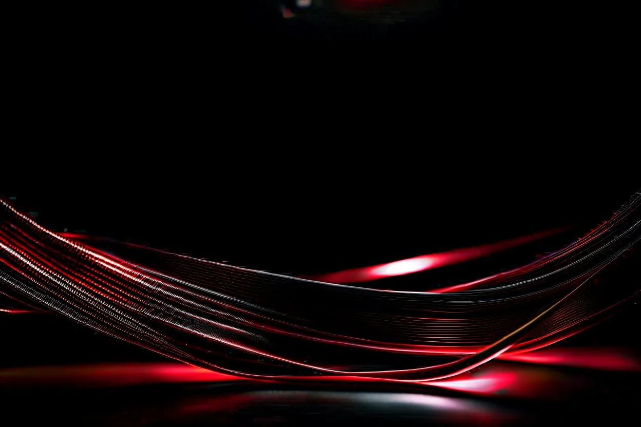 A striking abstract composition featuring flowing, high-shine red ribbons set against a deep black void. Diagonal architectural curves meet soft, out-of-focus golden light orbs. Bright reflective surfaces create a high-contrast look with a luxurious, high-tech feel. Cinematic color grading, sharp focus on textures.
