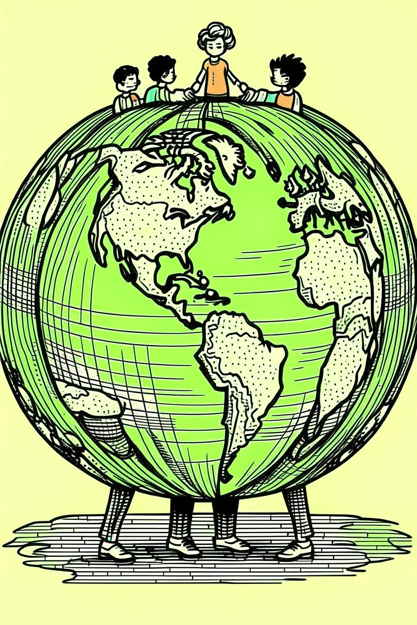 Vintage pop art style, stick figures holding hands around a globe