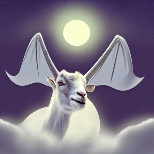 goat with dragon wings, floppy ears, in front of a full moon