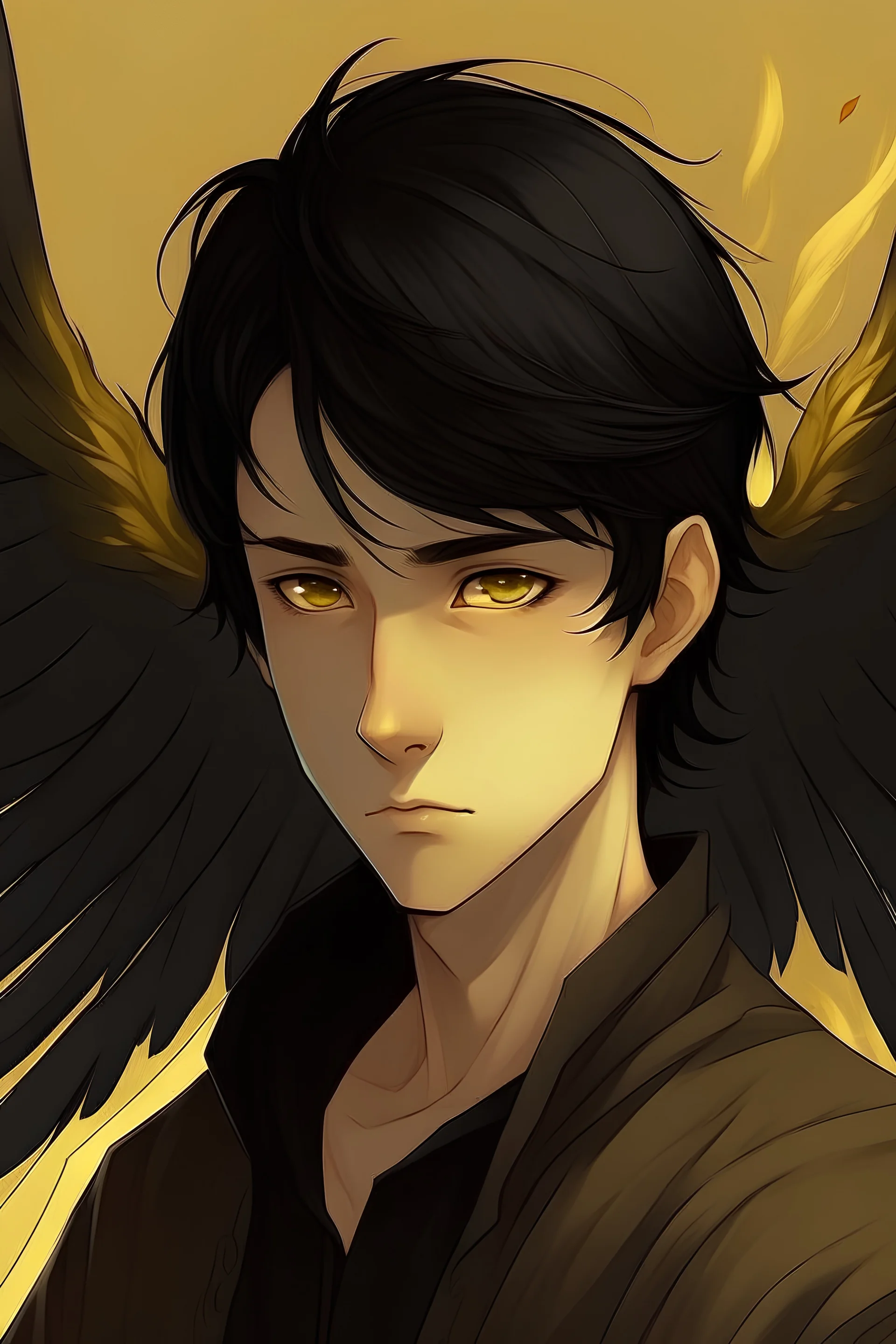 Make me an illustration of a 15-year-old boy who has black hair, black wings, yellow eyes and has a moody face.