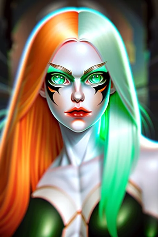 fantasy setting, woman with orange and white hair, white hair, green eyes